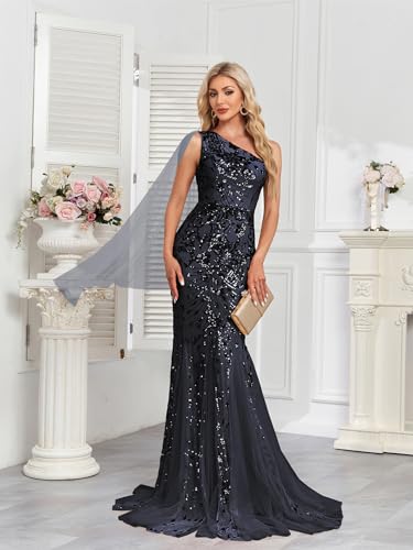 Image of One Shoulder Glitter Mermaid Dress for Mother of The Bride Women's Sexy Sequin Formal Gown