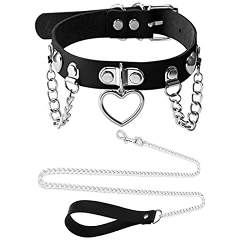 Tosmifairy Black Leather Choker Collar with Chain Leash Set Heart Pendant Necklace for Womens Emo Y2K Gothic Grunge Accessories Cover
