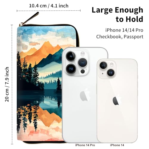 RFID Blocking Wristlet Wallet for Women – Slim PU Leather Zipper Clutch, Cute Credit Card Holder Purse with Wrist Strap for Ladies,Forest and Mountains3