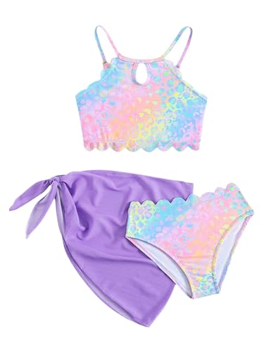 Kids Girls 3 Pcs Swim Cover Up Sets Shiny Mermaid Scales Bikini Crop with Brief Wrap Skirts