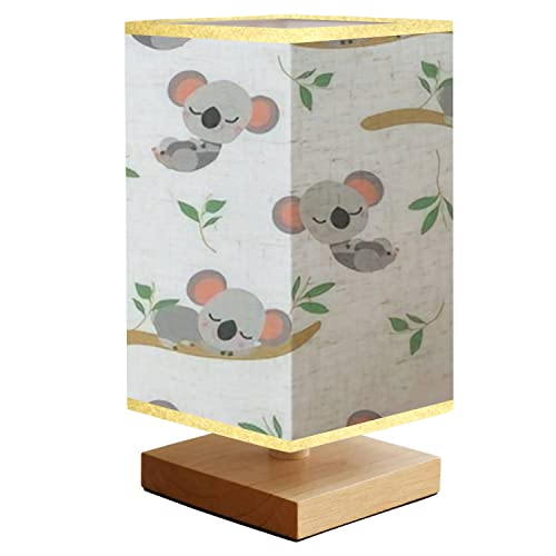 Image of GFSLNSHD Bedside Table Lamp Seamless with Sleeping Koala Bear Baby on Eucalyptus Tree Branch 16 Colors Wooden Desk Lamps Remote Control Square Fabric Shade Nightstand Lamp for Bedroom College Dorm