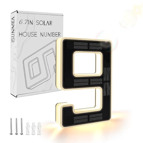 ISUNMEA 6.7 Inch Solar Lighted House Numbers for Outside, Light Up Waterproof LED Address Signs for Houses, Backlit Illuminated Exterior Modern House Numbers Light (9-Black, 6.7IN) by ISUNMEA - Used condition - CA$24.07