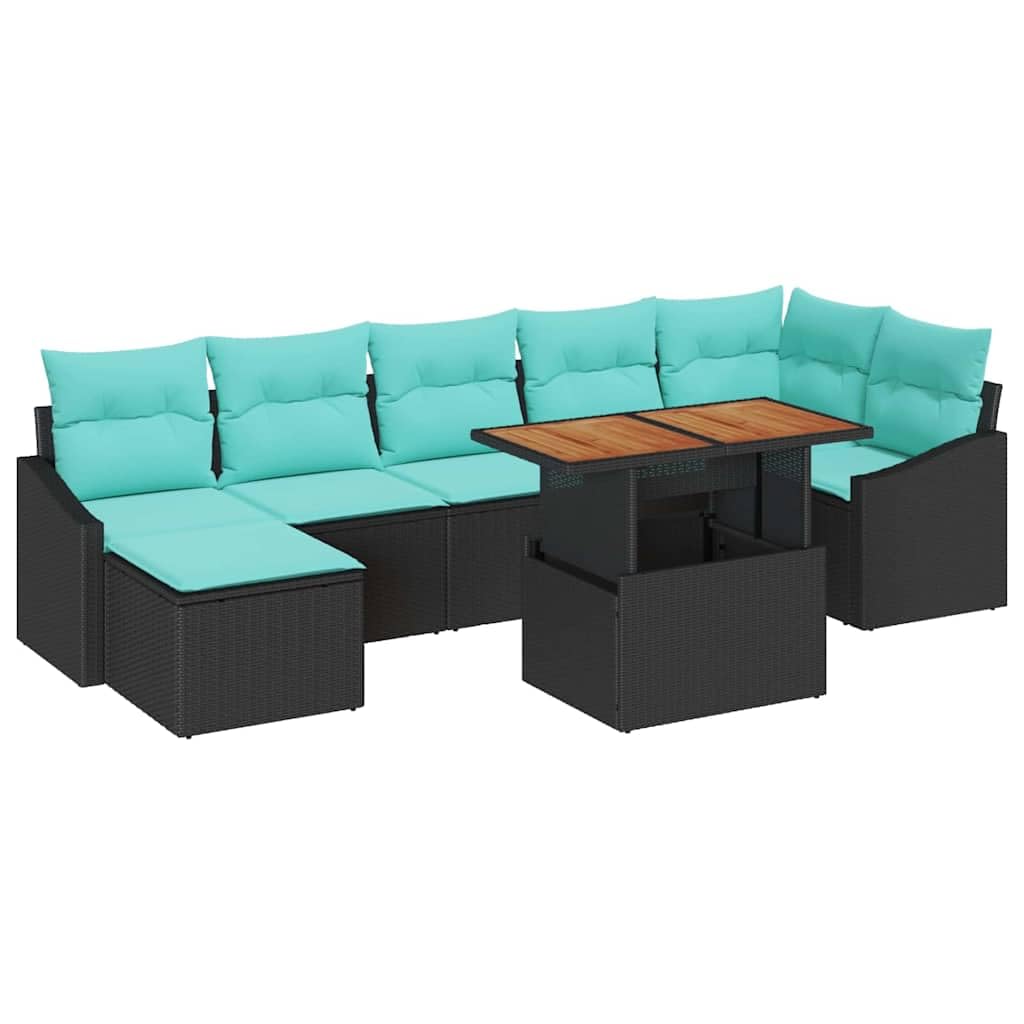 Set di mobili da giardino in polyrattan, 8 pezzi, colore nero e | Salotto modulare in rattan con tavolo in legno di acacia e spazio per riporre oggetti, per terrazza e giardino