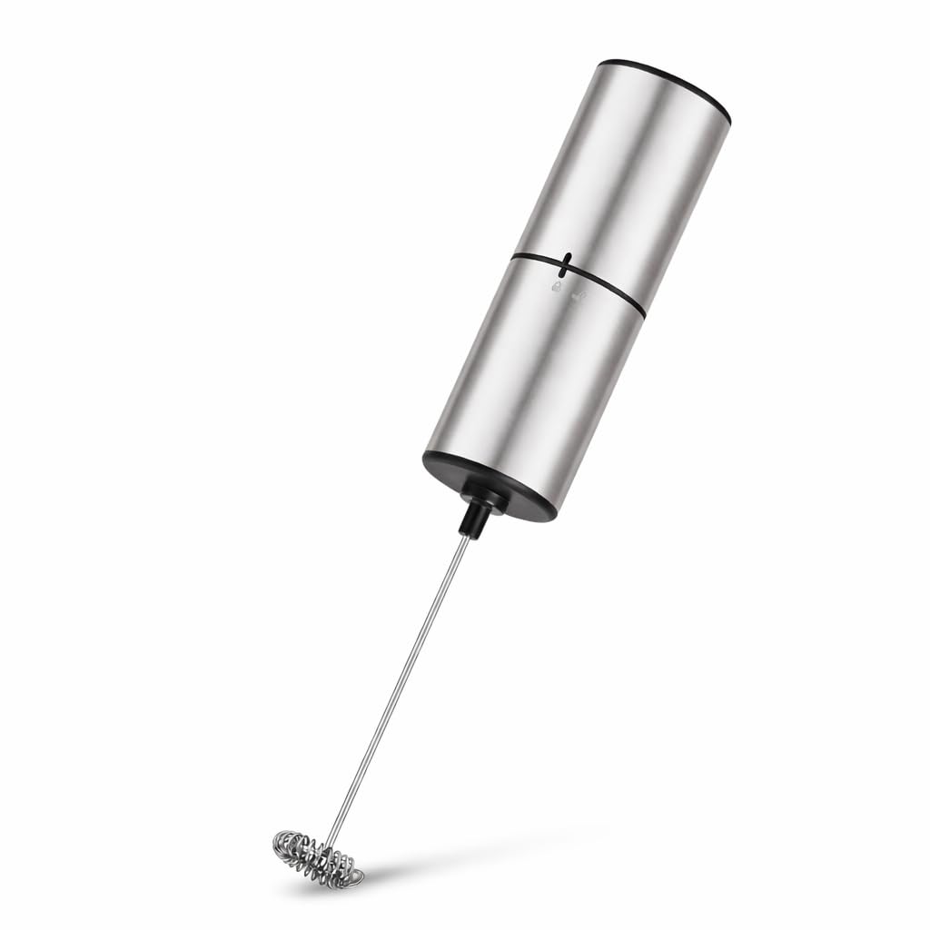 ELMWAY Metallic Electric Milk Frother – Handheld Battery-Powered Electric Whisk, Durable and Easy to Use for Coffee, Latte & Matcha, Sleek Stainless Steel Shell – Silver (2 × AA Required)
