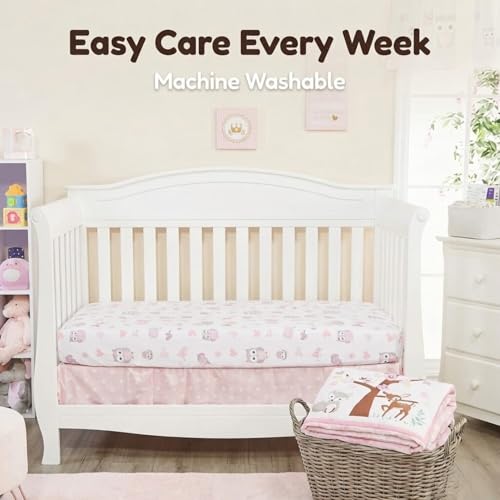 Image of EVERYDAY KIDS 4 Piece Girls Crib Bedding Set - Owls - Soft 100% Cotton Percale - Includes Quilt, Fitted Sheet, Dust Ruffle and Diaper Stacker - Nursery Bedding Set - Baby Crib Bedding Set