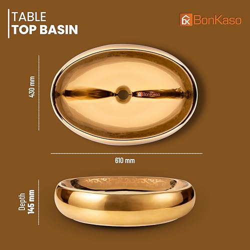 Image of BONKASO Pearl 1006 Luxury Golden Polished Ceramic Table Top Wash Basin (61 x 43 x 14.5 cm) | Large Countertop Bathroom Sink | Modern Designer Vanity Wash Basin