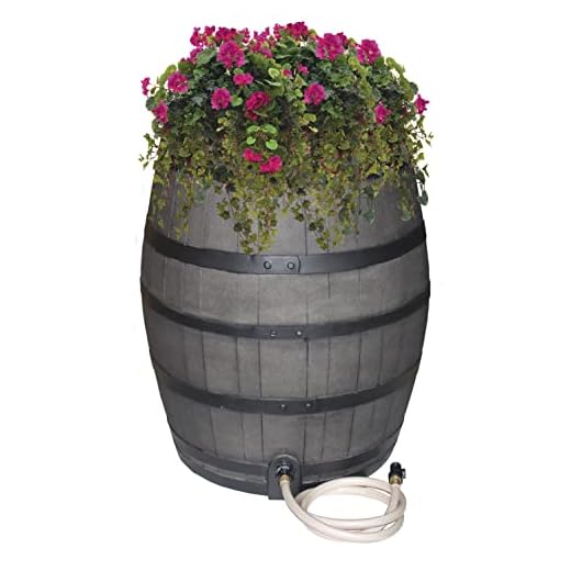Rescue 50-Gallon Whiskey Rain Barrel with Black Bands – Includes Planter, Rain Water Diverter, Outlet Hose – Flatback Design – Gray