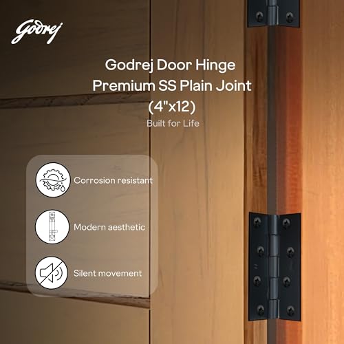 Image of Godrej Door Fittings | 4 inch x 12 Gauge Plain Joint Door Butt Hinges (Pack of 1, 5 Pcs /Pack) | Matte Black Finish, Smooth Operation | 4 Holes Kabza for Heavy Duty Door, Home, Office | 1 Yr Warranty