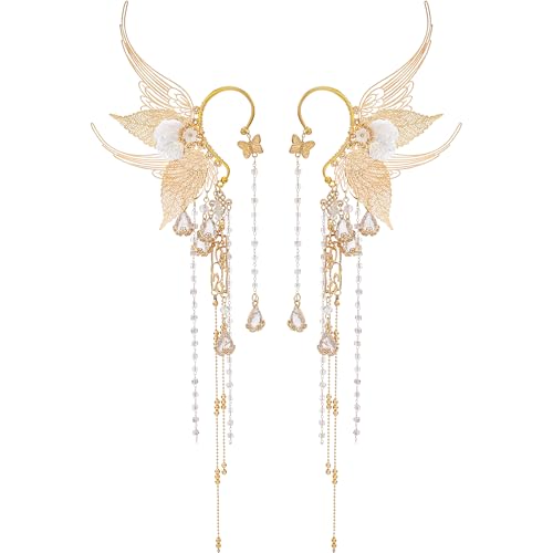 FRESHME Butterfly Elf Ear Cuffs - Fairy Ear Cuffs with Tassel Ear Wrap Earrings Non Piercing Renaissance for Women Adult
