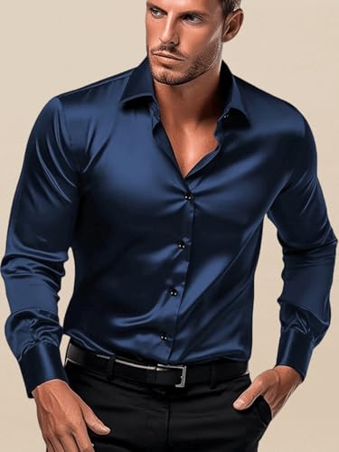 Image of IndoPrimo Men's Satin Shirt with Spread Collar Neck Line Solid Pattern Full Sleeves Regular Fit Western Style and Standard Length