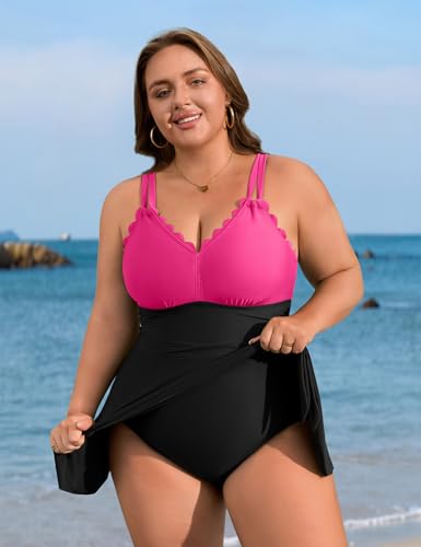 Image of Charmo Plus Size Swimsuit for Women Swim Dress Scalloped One Piece Tummy Control Bathing Suit Ruched Swim Suits 2026