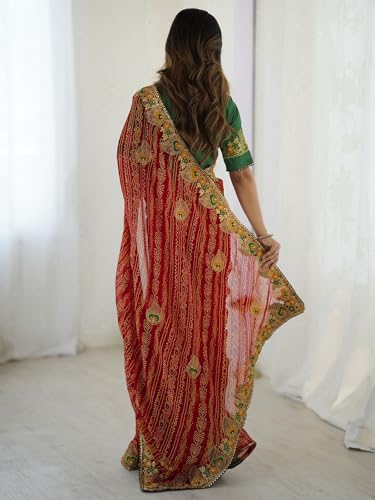 Image of Satrani Women's Georgette Bandhani Printed Embroidered gota lace Saree with Unstitched Blouse Piece