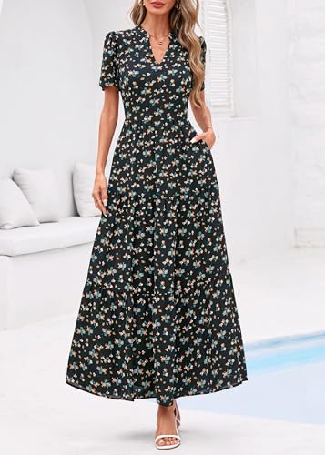 Image of KIRUNDO Womens Floral Boho Flowy Maxi Dress | Short Sleeve, V Neck, Empire Waist, A Line, 2026 Summer Beach Vacation Long Dresses With Pockets, Cocktail Party Outfits