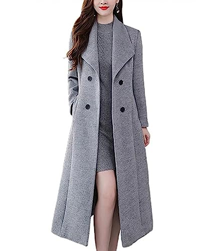 Sexyshine Women's Winter Double Breasted Maxi Pea Coat Long Sleeve Shawl Collar Long Warm Wool Work Trench Coat