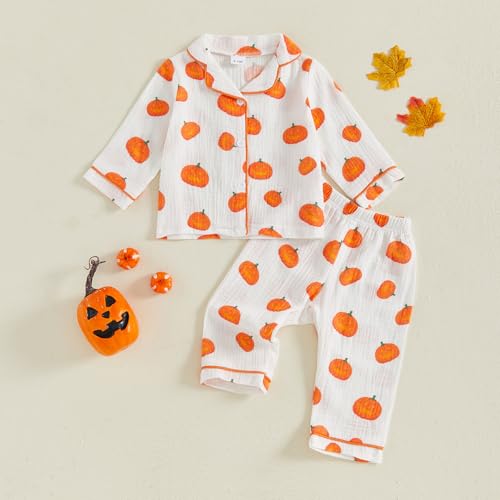 Kids Baby Boy Girl Halloween Pajamas Set Cotton Linen Button Down Pumpkin Long Sleeve Shirts Tops and Pants Pj Sets3