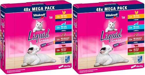 Vitakraft Liquid snack per gatti, snack gatto in formato mega pack, consistenza cremosa, con manzo, con pollo, con salmone, 1 confezione scorta (48x 15g) (Confezione da 2)