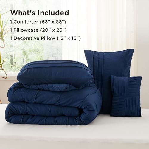 Image of Bedsure Twin Comforter Set - 3 Pieces Pinch Pleat Bed Set, Navy Blue Boho Bedding for All Season, 1 Soft Comforter, 1 Pillowcase, 1 Decorative Pillow
