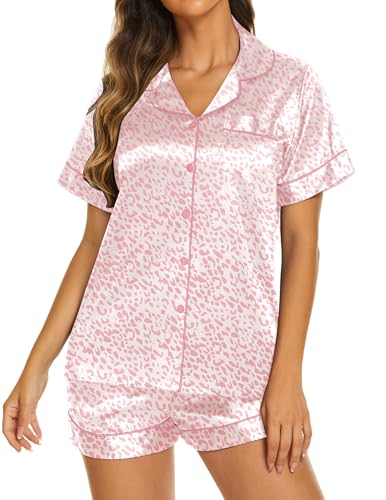 Image of Ekouaer Silk Pajamas for Women Short Sleeve Sleepwear Soft Button Down Loungewear 2 Piece Satin Pjs Shorts Set