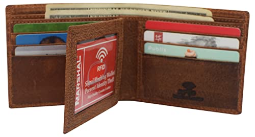 MARSHAL RFID Blocking Real Leather Slim Bifold Wallet Center ID Flap Window Engraved Logos Front Pocket Wallet for Men (Marijuana)2