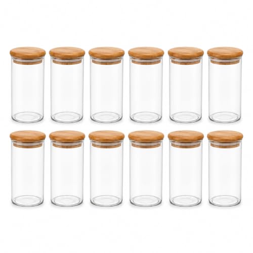 Kit 12 Potes Herméticos 200ml com Tampa de Bambu Porta Temperos Premium