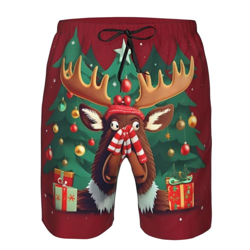 WURTON Funny Christmas Moose Print Mens Swim Trunks Quick Dry Bathing Suits Summer Holiday Beach Board Shorts Pockets White, Large4