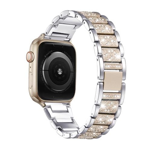 Mtozon Bling Bands Compatible with Apple Watch Band 42mm/41mm/40mm/38mm Iwatch Series 11/10/9/8/7/SE/6/5/4/3/2/1, Women Metal Rhinestone Dressy Replacement Wristband, Silver with Champagne Gold by Mtozon - Used condition - US$16.03