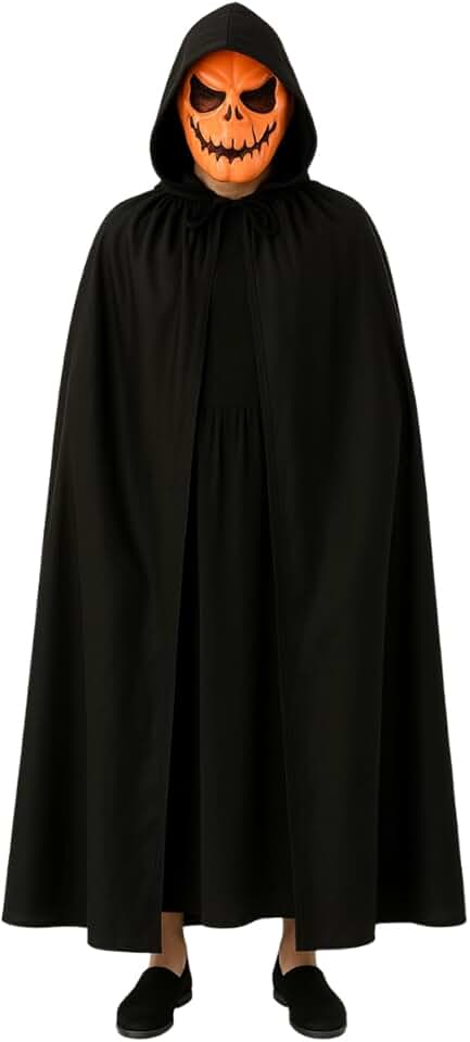 Kit Fantasia Halloween Capa Longa + Máscara Abóbora Preto Unico