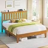 Rolanstar Queen Bed Frame with Headboard, Solid Wood Bed Frame Foundation with Wood Slat Support, Charging Station & LED Lights, No Box Spring Needed, Pine