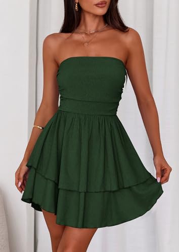 Image of PRETTYGARDEN Women's 2026 Summer Strapless Tube Mini Dress Off Shoulder Smocked Ruffle A Line Flowy Short Party Club Dresses
