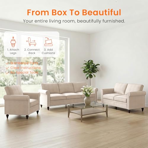 Image of ijuicy 3-Piece Sectional Sofa Set, Modern Upholstered Couch Set-Beige | with 5 inch Thicken Cushion & Nailhead Trim, Living Room Furniture Set- Armchair Loveseat and 3 Seat Sofa