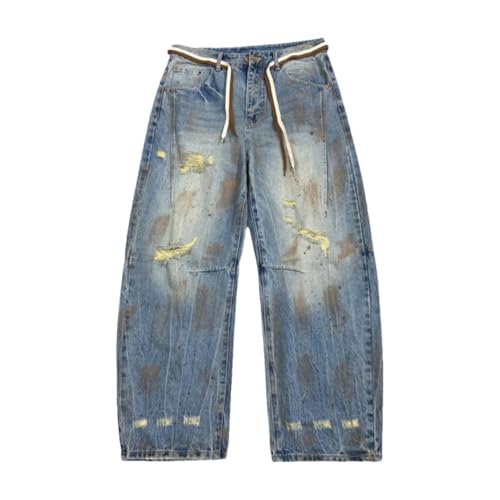 Men’S Vintage Hip Hop Distressed Ripped Straight Leg Washed Denim Cargo Pants Slim Fit Full Length Button Fly Streetwear