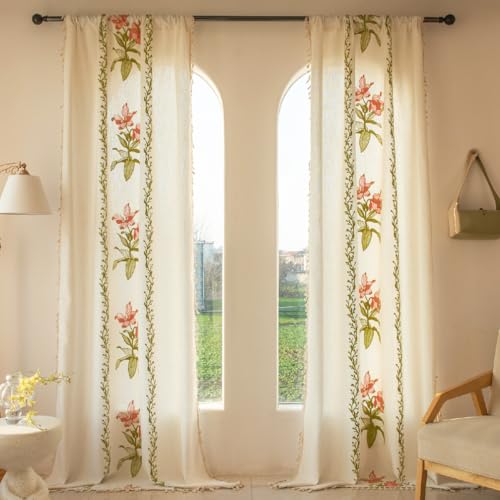 XIUWOUG Boho Rustic Style Linen Tassel Curtains 2Pcs Vintage Embroidered