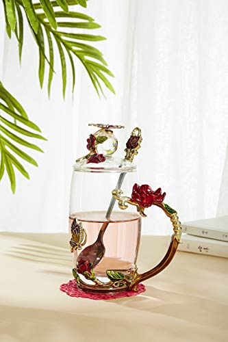 Flower Teacup Transparent Glass Teacup, (With Spoon + Lid) , Fancy Tea Cups , Flower Tea Cup,Tea Cup Gift, Gifts For Women,Mother's Day Present，Gift Box. (Rose Red High Cup) #TOP1