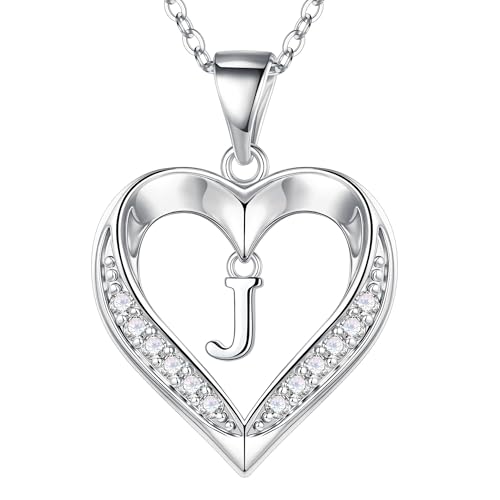 Turandoss Silver Heart Initial Necklace for Women - Trendy 14K-White-Gold-Plated Pendant Heart Letter J Necklace for Women Jewelry Gifts