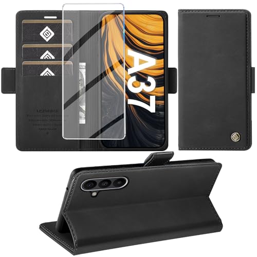 Giyer Handyhülle für Samsung Galaxy A37 5G Hülle mit Schutzfolie, Schutzhülle PU Leder Wallet Flip Case Standfunktion Kartenfach Stoßfest Klapphülle für Samsung A37 5G Cover Tasche (Schwarz)