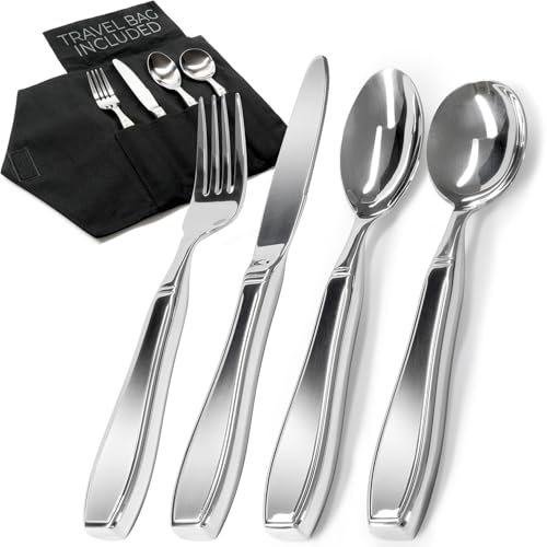 Weighted Utensils for Hand Tremors and Parkinson's Patients - 4 Piece Set Weighted Silverware for Elderly, Arthritis, Weak Hand Grip - Convenient Travel Bag, Stainless Steel, 7 Oz