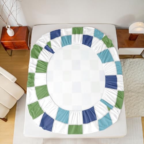 Image of Erosebridal Blue Green Checkered Sheet Set Full Navy Teal White Grids Plaid Bed Sheets Geometric Buffalo Gingham Bedding for Kids Boys Girls,Modern Fashion Bed Sheets Set 4 Piece