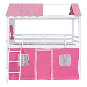 Full Size Bunk Wood House Bed with Elegant Windows, Sills and Tent, Pink+White Full Size Bunk Wood House Bed with Elegant Windows Sills and Tent PinkWhite