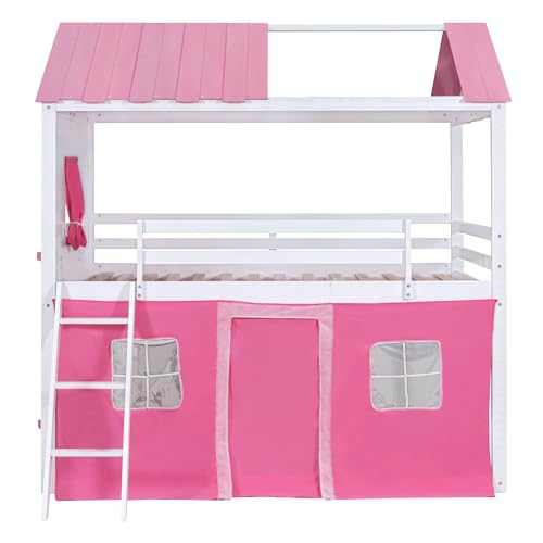 Full-Size-Bunk-Wood-House-Bed-with-Elegant-Windows-Sills-and-Tent-PinkWhite Full Size Bunk Wood House Bed with Elegant Windows Sills and Tent PinkWhite