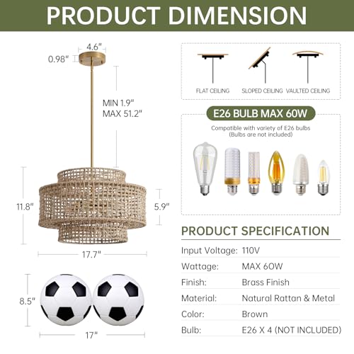 Image of 17.7 inch Boho Rattan Chandelier Light Fixture 4-Light Hand Woven Rustic Chandeliers with Wicker Shade, Farmhouse Chandelier Hanging Light for Dining Room Kitchen Island, Living Room, Foyer