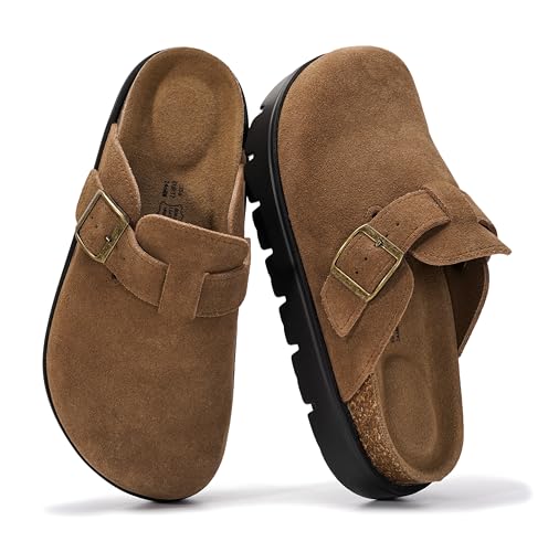 Project Cloud 100% Genuine Leather Platform Clogs for Women Footwear - Memory Foam Arch Support Cork Footbed Casual Shoes & Mules for Women 2025 (BentonChunky, CACAOSUEDE,7)