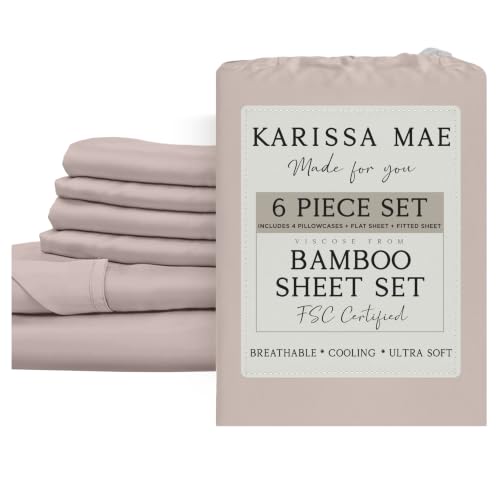 Image of KARISSA MAE 6 Piece Luxury Bamboo Viscose Queen Sheet Set, 4 Pillowcases | FSC Certified | Cooling | Ultra Soft | 18 inch Deep Pockets | Elastic Corner Straps | Includes Organizer Band [Dusty Rose]