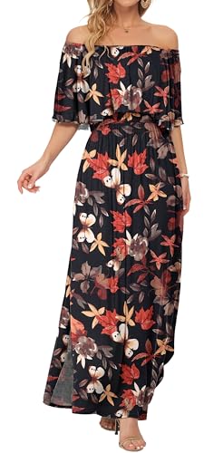 Image of AUSELILY Womens Off Shoulder Ruffle Split Summer Maxi Dresses with Pockets | Off-shoulder Ruffle dress with empire waist & side split for summer beach and casual parties