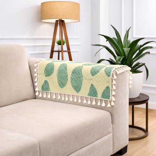 Image of STITCHNEST Printed Quilted Sofa Arm Cover with Tassels | Stylish Hand Rest Protector | Soft & Durable | 18 x 22 Inches