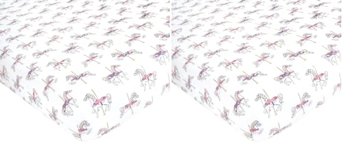 Image of Hudson Baby Unisex Baby Cotton Fitted Crib Sheet, Carousel Horse, One Size (Pack of 2)