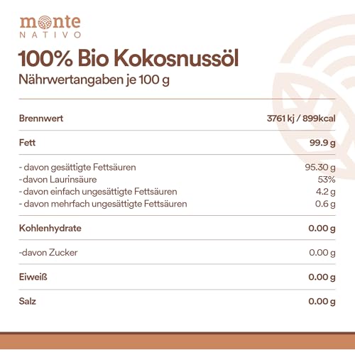 Kokosöl Bio Monte Nativo (200ml) - Coconut Oil - Kokosnussöl in Rohkostqualität - Reines Kokosfett - Bio Kokosöl nativ kaltgepresst zum Kochen, Braten und Backen, für die Haare, Zähne und Haut