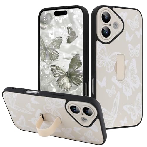 Image of for iPhone 16 Case with Finger Strap Holder, Cute Cool Butterfly Print Pattern Design for Women Men, Shockproof Anti Scratch Hand Kickstand Protective Cover, White