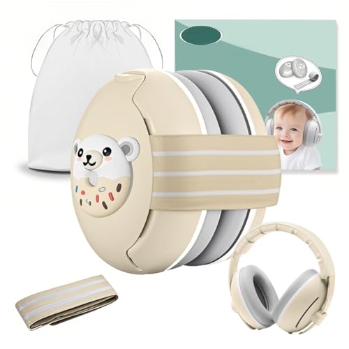 Robofun 2-in-1 Gehörschutz Baby Kopfhörer, Neugeboren Ohrenschützer mit Geräuschunterdrückung & Verstellbares Kopfband, Baby Kopfhörer Lärmschutz für Babys bis 48 Monate - Beige