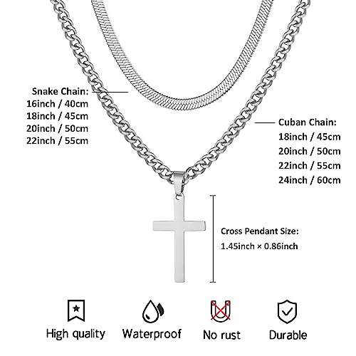 Layered Cross Necklace for Men Boys Stainless Steel Layered Snake Chain Cuban Link Chain 16-24 inch Christian Cross Pendant Religious Jewelry Gifts3