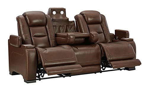 Signature Design by Ashley The Man-Den Power Reclining Sofa with Adjustable Headrest, Mahogany